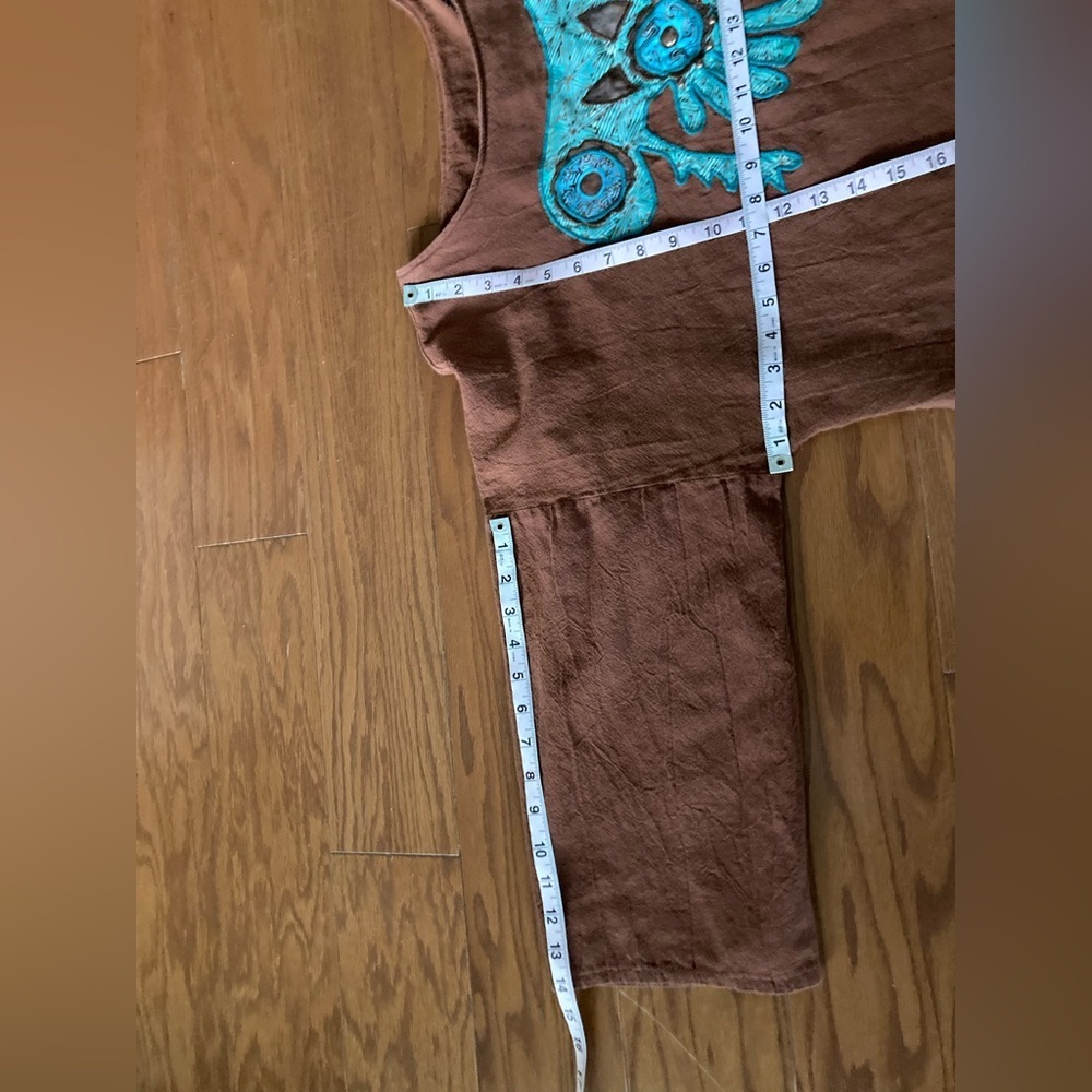 Alfredos Wife SZ L tunic top Brown Turquoise studded Appliqué Bling Vintage - Picture 9 of 9